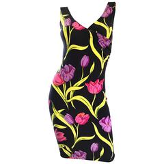 Vintage Betsey Johnson Early ' Punk Label ' Tulip Flower Print Bodycon Dress 1