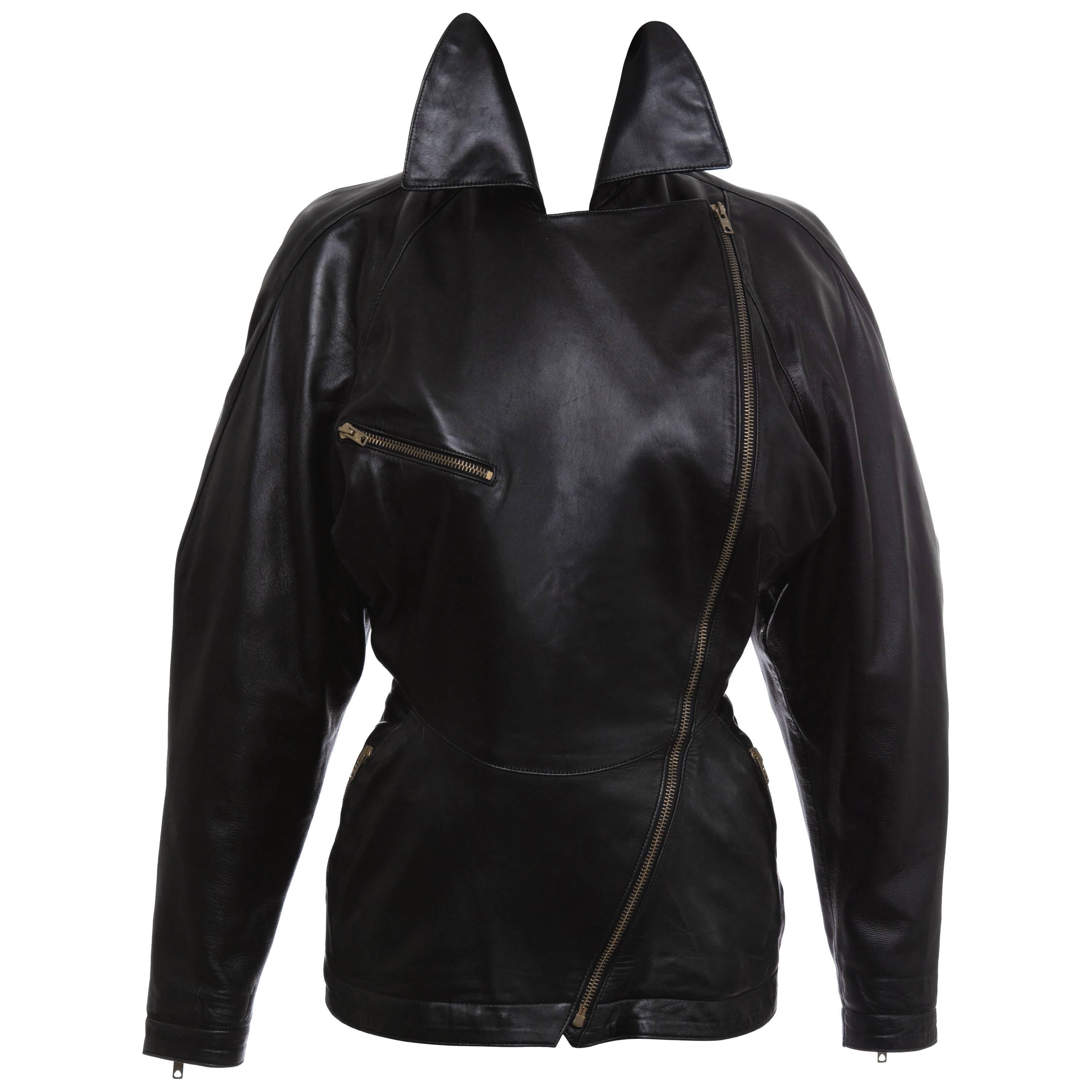 Azzedine Alai Black Zip Front Lambskin Leather Jacket , Circa 1986 For Sale