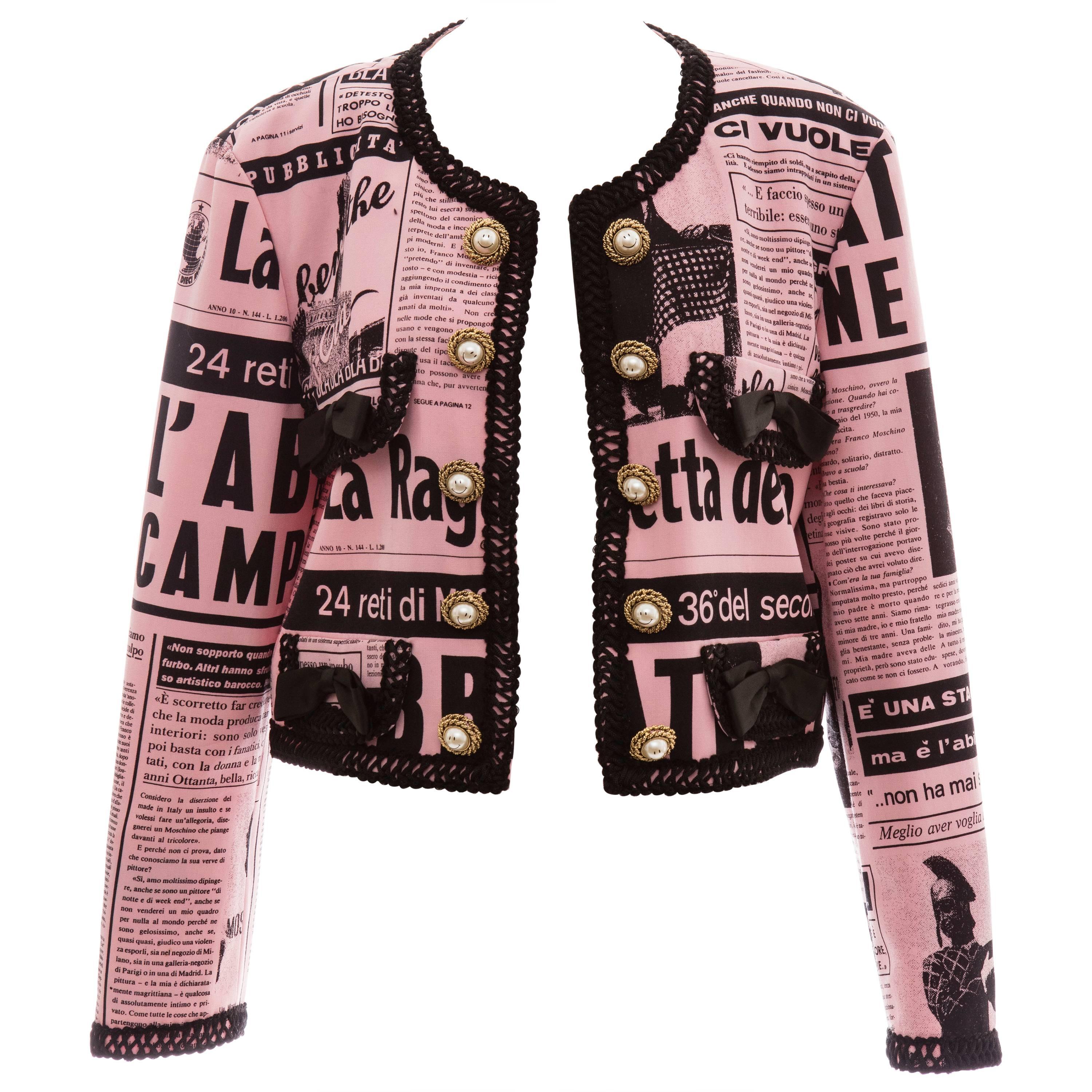 Moschino Couture Newspaper Print Jacket With Smiley Face Buttons, Circa 1983