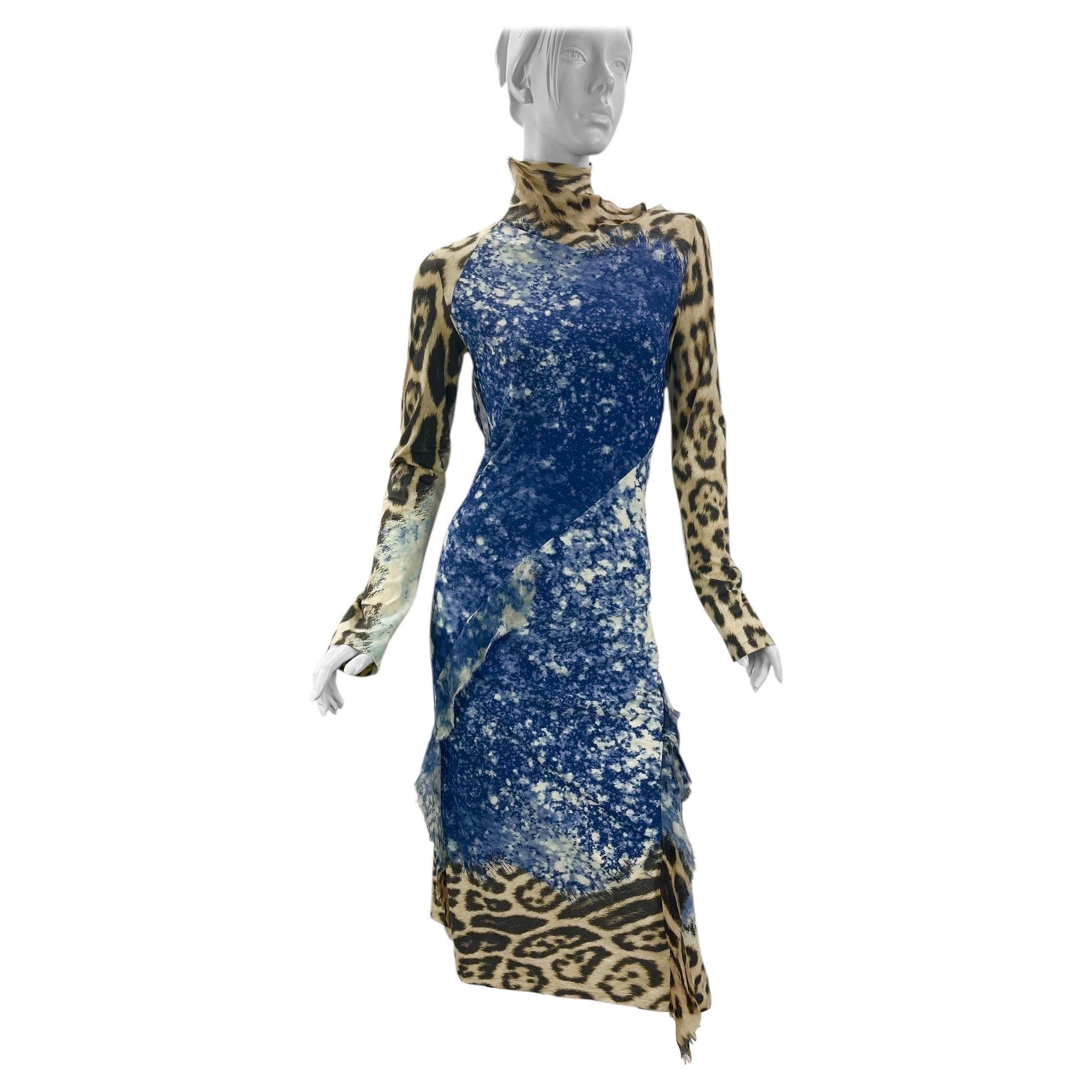 Robe vintage Roberto Cavalli imprimée léopard à volants en soie, 2001