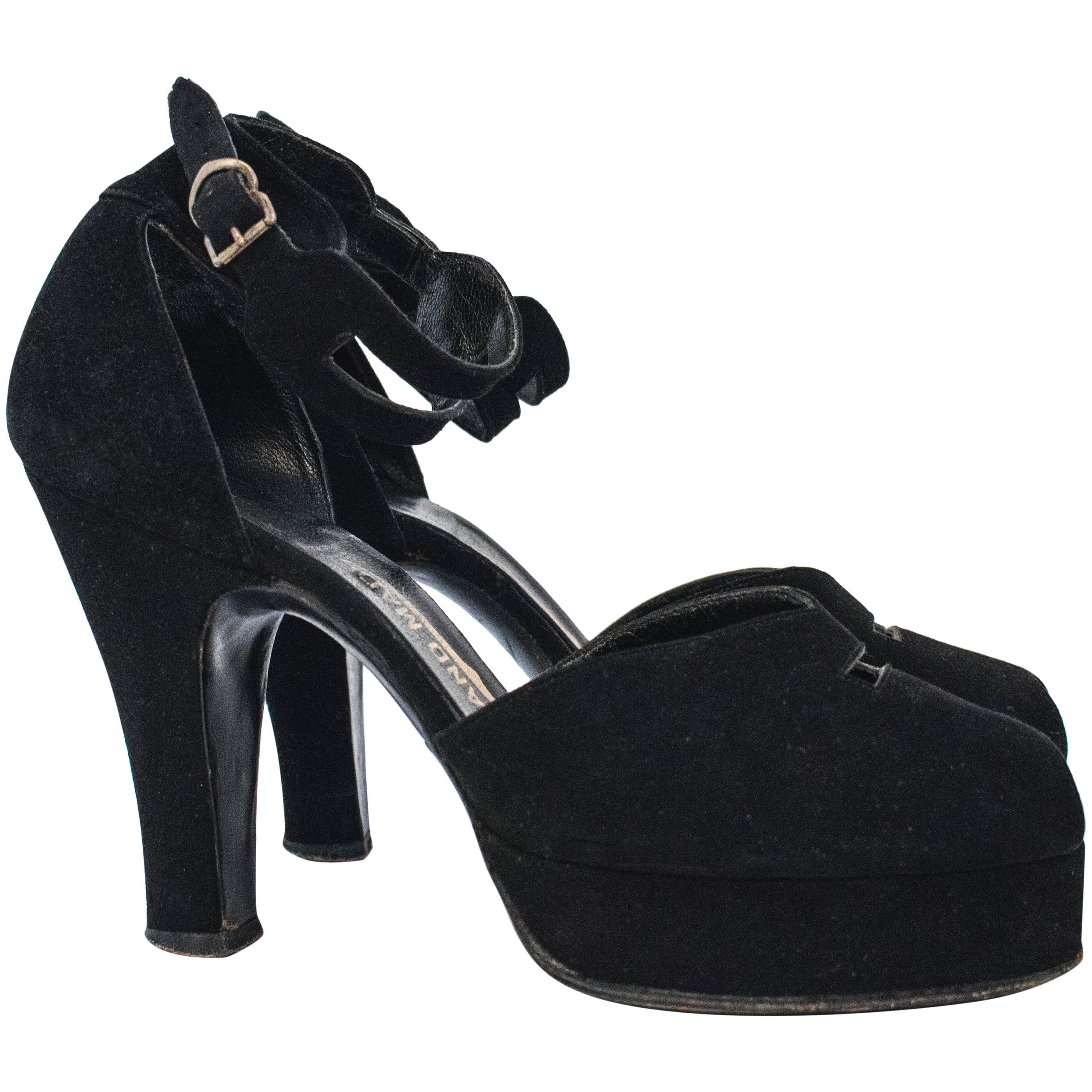 40s Black Suede Platform Shoes For Sale