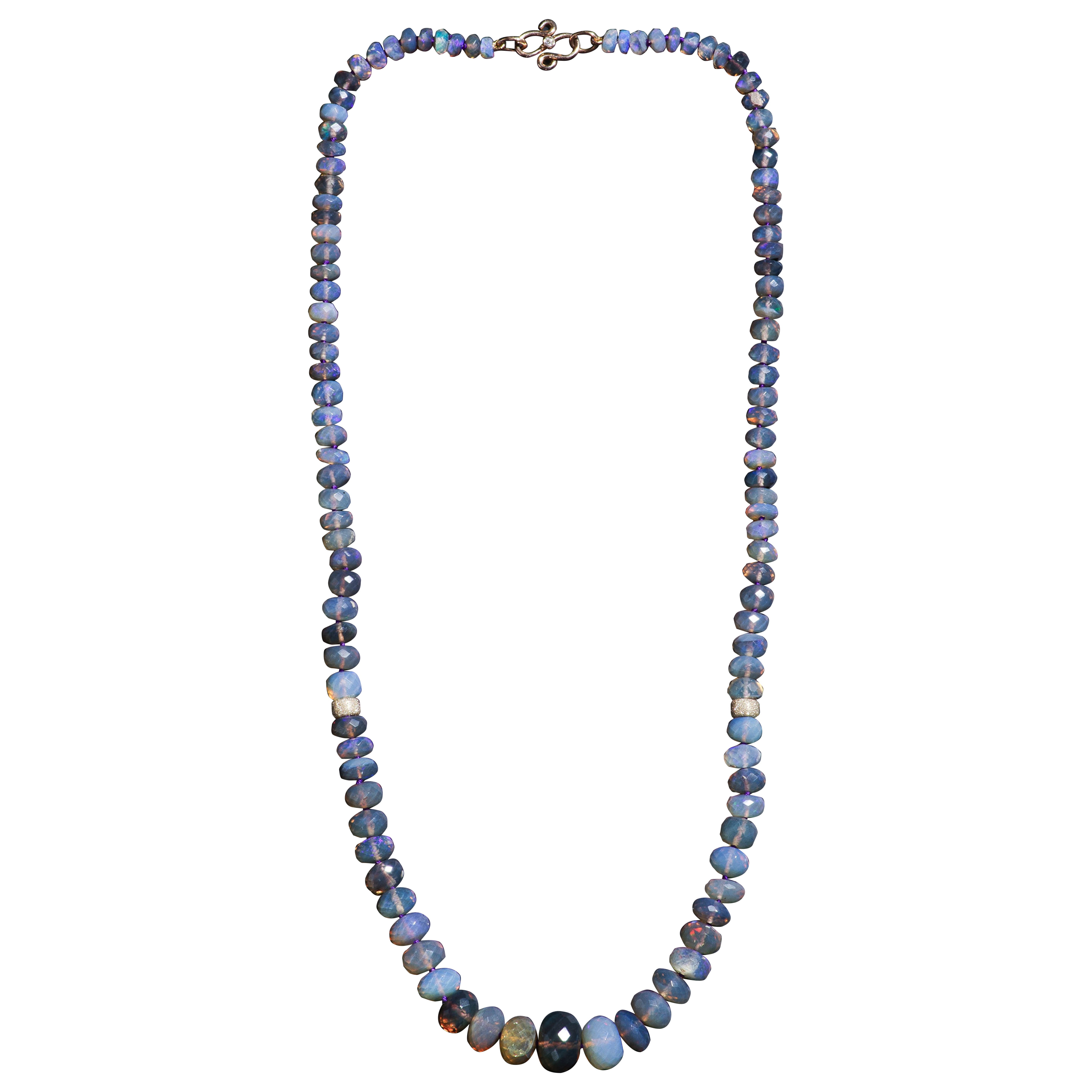 Sparkling Lightning Ridge Opal 18K Diamond Beaded Necklace