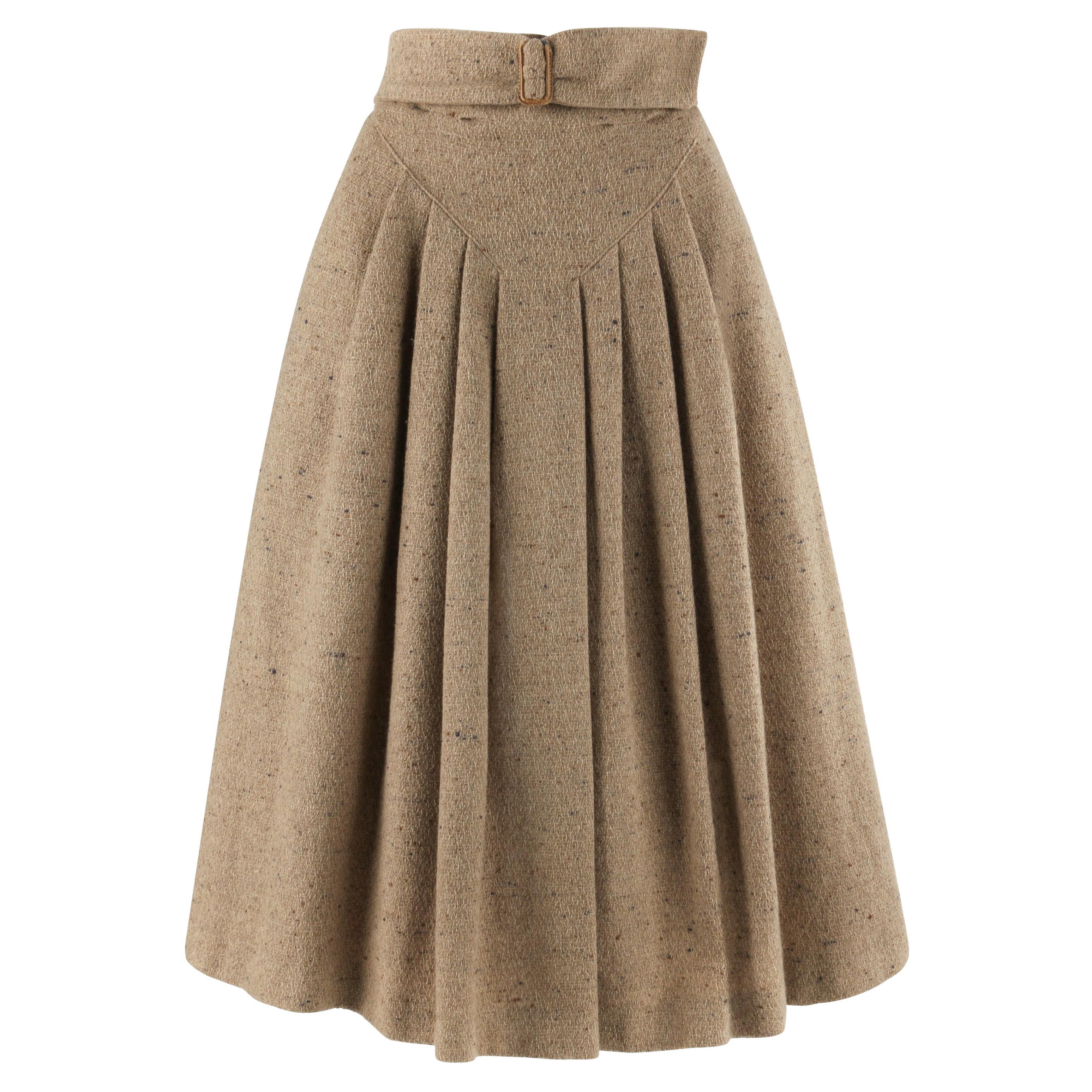GIORGIO ARMANI c.1980’s Brown Tweed Wool Pleated Wrap Buckle A-Line Skirt For Sale