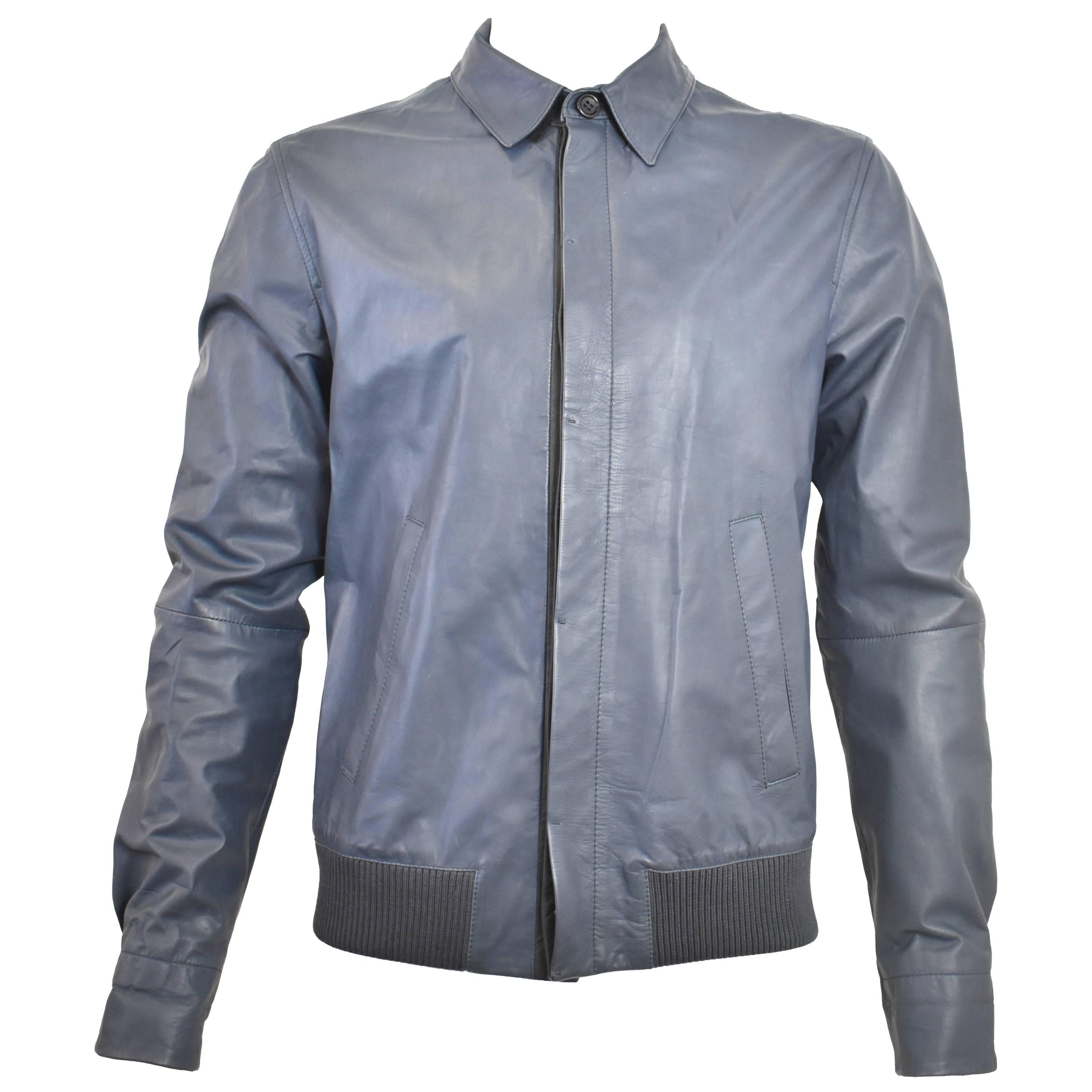 Alexander McQueen Blue Leather Button Up Jacket