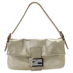 FENDI Baguette 1997 White Pearlescent Fabric Crystal Buckle Shoulder Bag