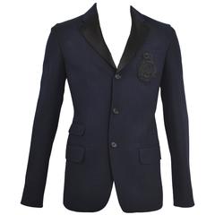 Alexander McQueen Navy Blue Houndstooth Blazer with Embroidered and Beaded Badge