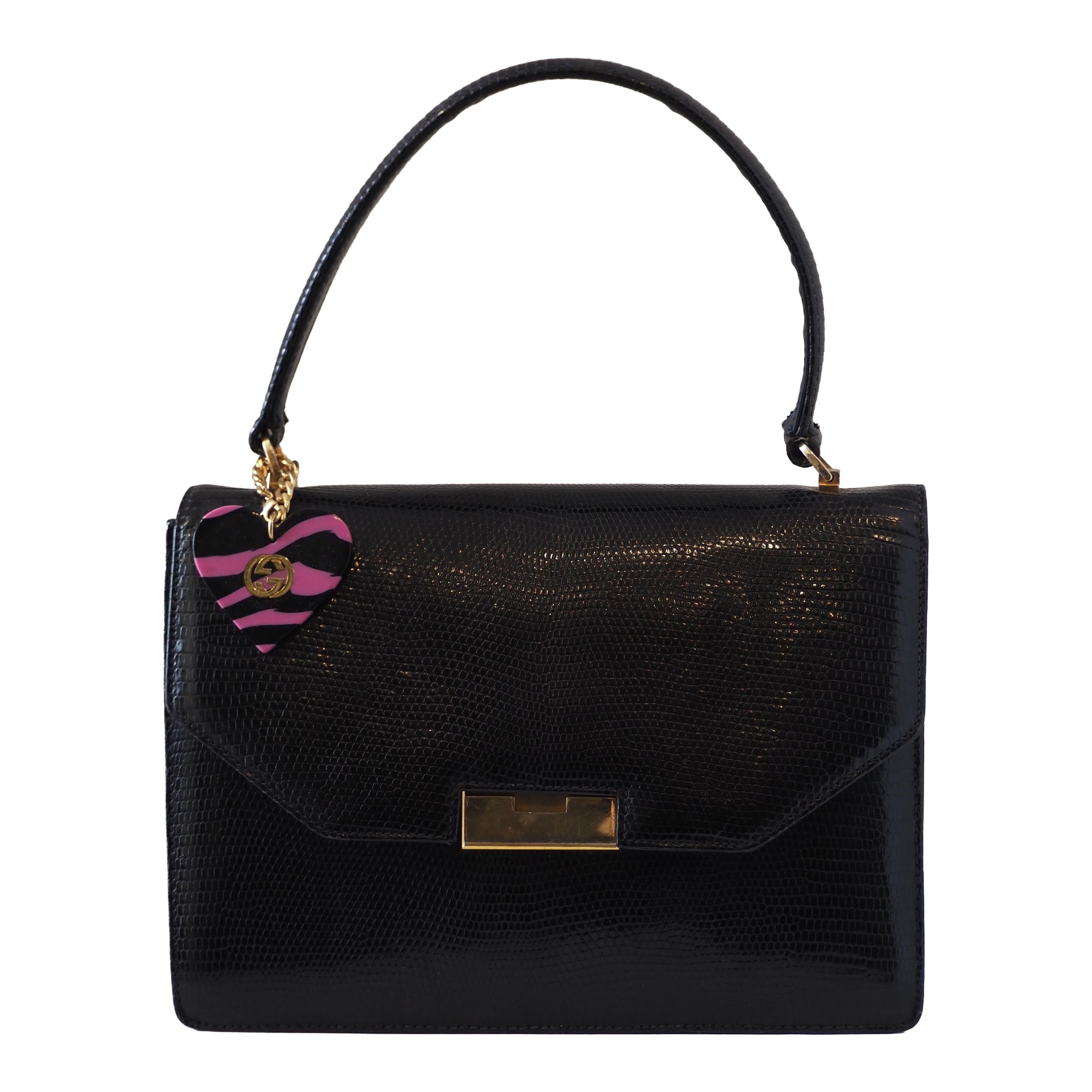 1980s Gucci black lizard handle bag For Sale