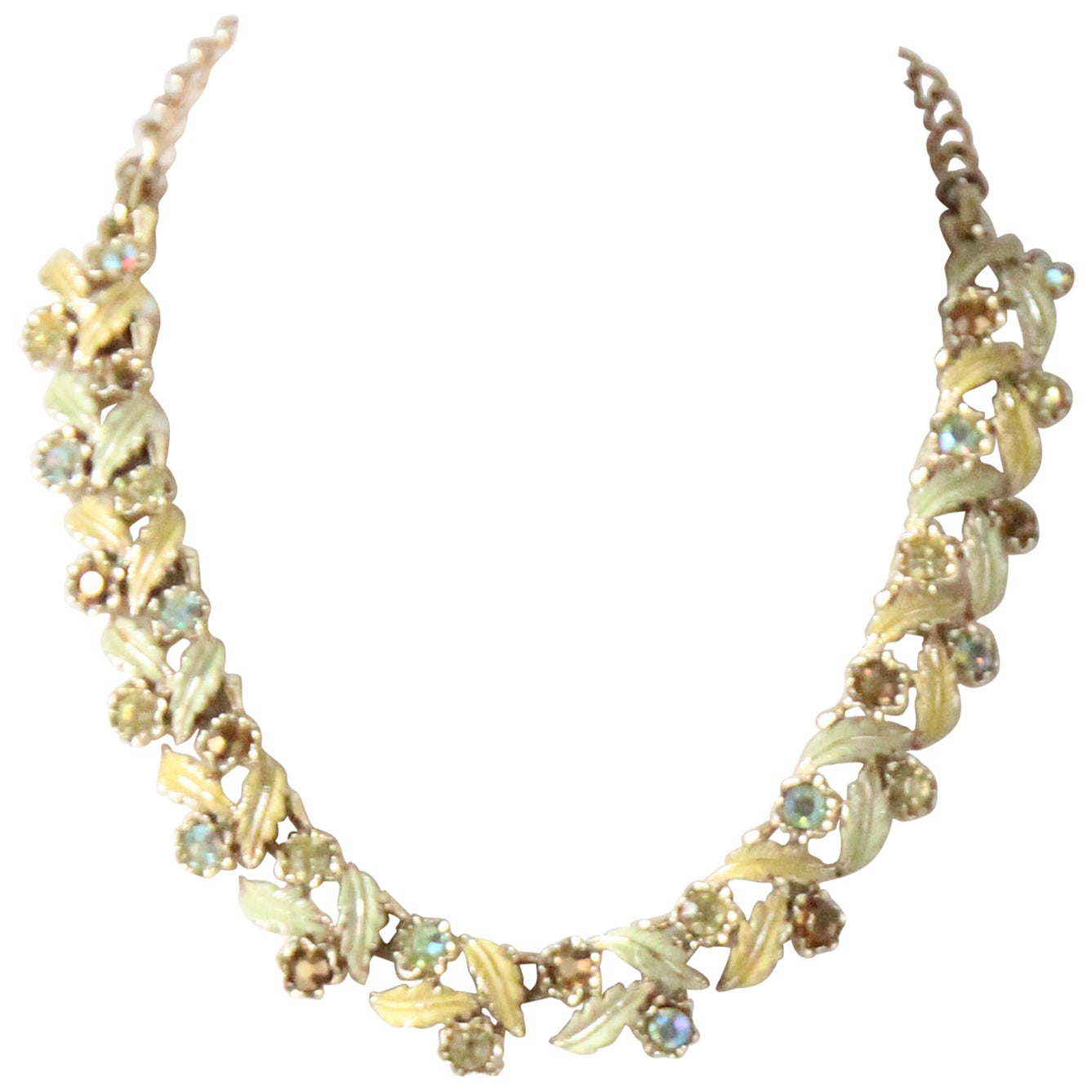 Vintage 1960's Chartreuse Rhinestone Enamel Leaf Necklace Sixties necklace