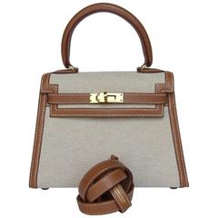 Extrem SELTENE HERMES Mini Kelly 20 cm Sellier Bag Canvas Gold Leather GHW