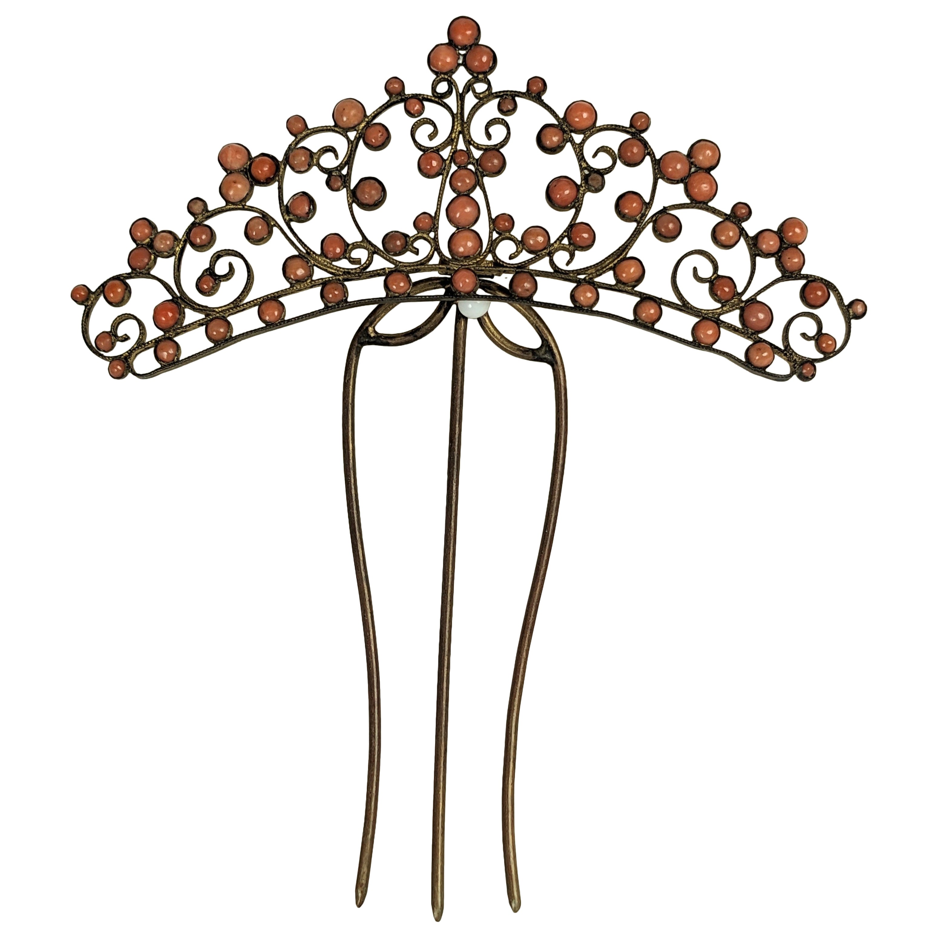 Victorian Coral Cabochon Filigree Comb