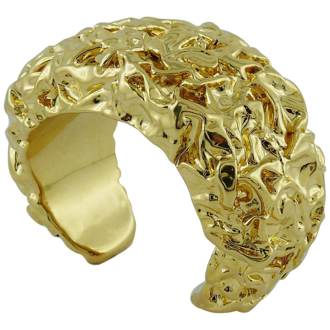 Chanel by Maison Desrues Vintage Crumpled Gold Tone Cuff Bracelet 1988 For Sale