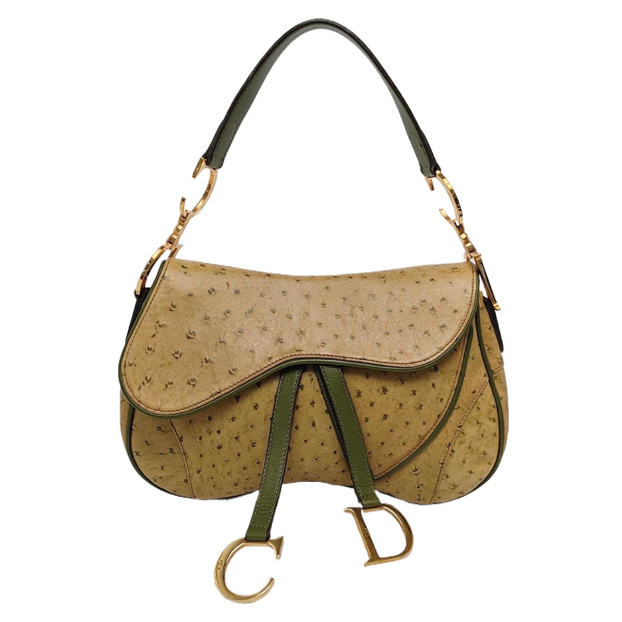 Dior Vintage Double Saddle Green Leather Gold Hardware