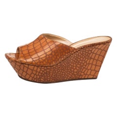 Casadei Brown Croc Embossed Leather Platform Wedge Sandals Size 41