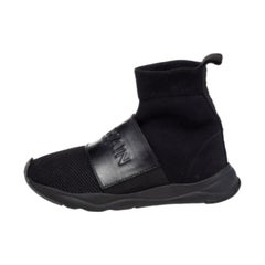 Balmain, scarpe da ginnastica alte Cameron in pelle nera e tessuto a maglia, numero 35