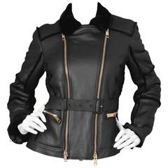 Burberry Black Shearling Moto Jacket Sz 10 rt. $4,000 5
