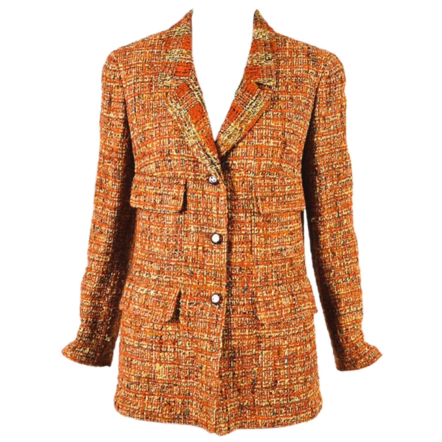 Vintage Chanel Boutique Burnt Orange Multicolor Tweed 'CC' Buttoned Jacket For Sale