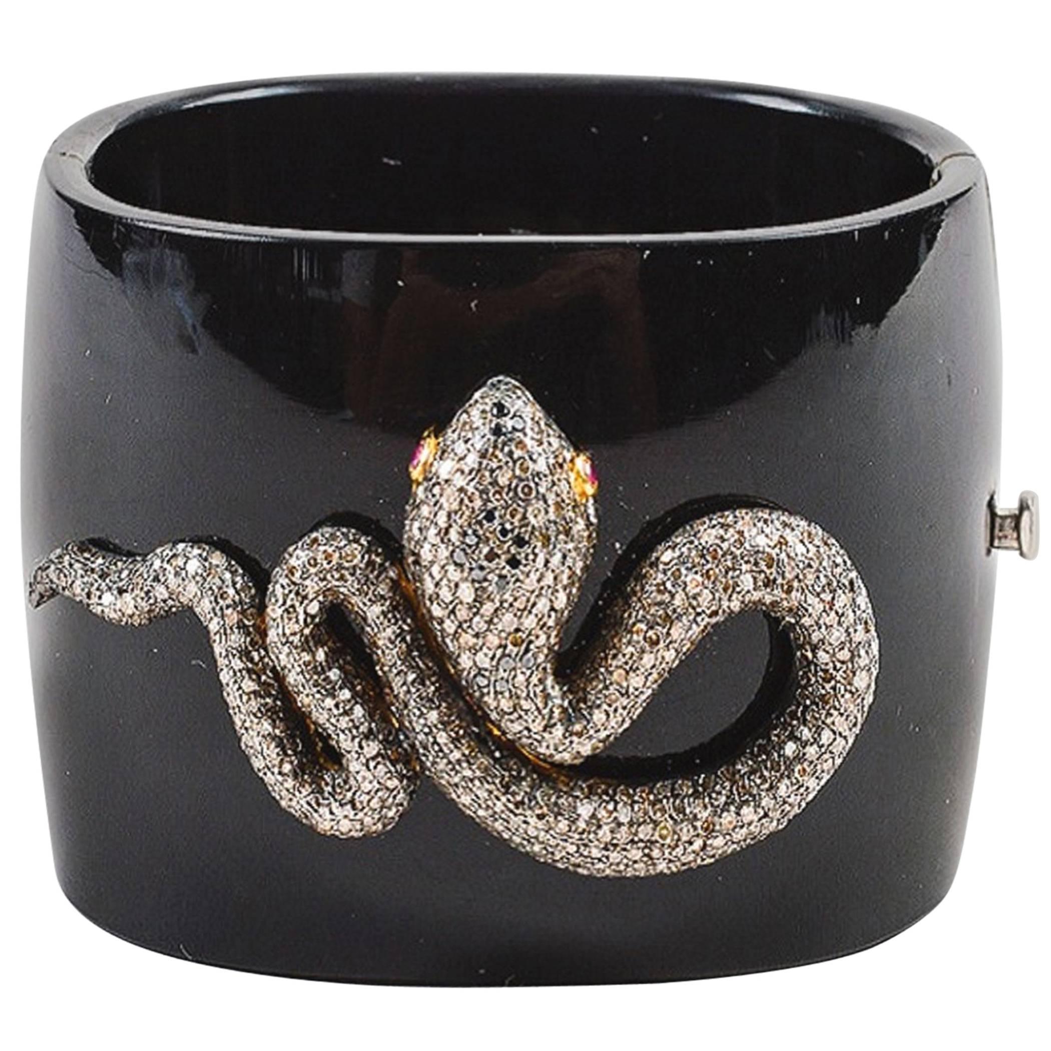 Black Gunmetal Bacolite Diamond Tourmaline Snake Cuff Bracelet For Sale