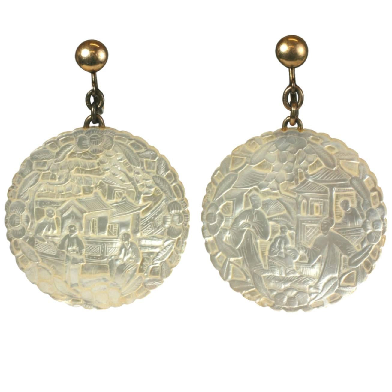 Unusual Mother of Pearl Chinese Earrings For Sale