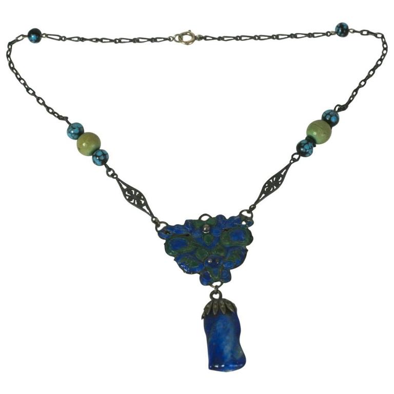 Antique Chinese Enamel and Lapis Glass Necklace For Sale at