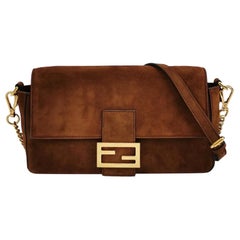 Fendi Baguette Selleria Suede Leather Crossbody Bag Large Caramel Tan