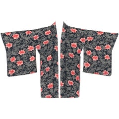 Couture c.1940's Midnight Blue Pink Floral Print Rayon Crepe Haori Kimono Jacket