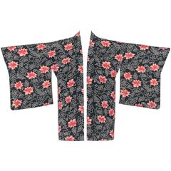 Couture c.1940's Midnight Blue Pink Floral Print Rayon Crepe Haori Kimono Jacket 9