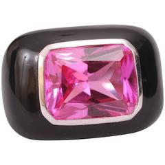 Hiroco Suzuki Sterling Silver Black Enamel and Faux Ruby Ring 1