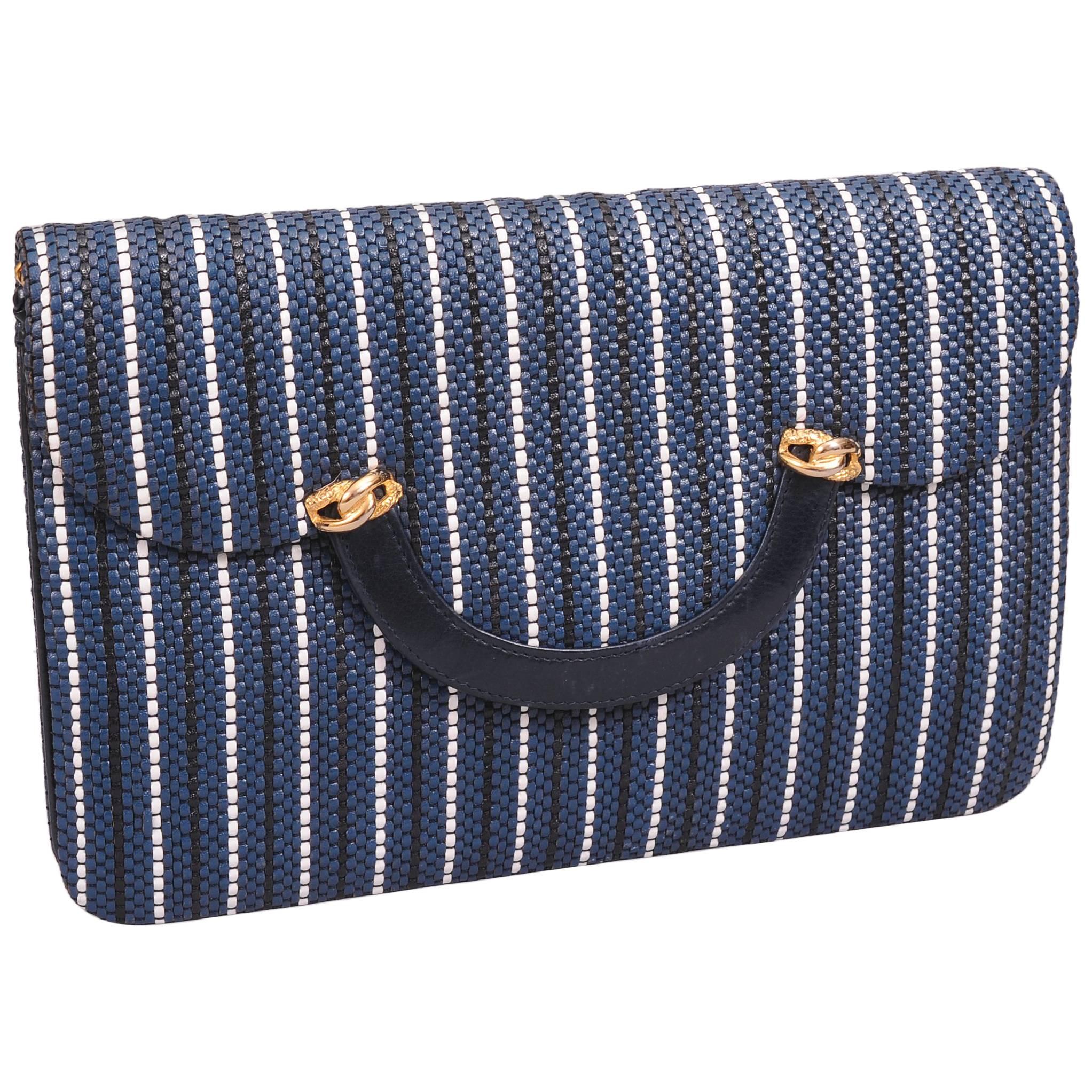 Fred, Paris Navy and White Woven Leather Clutch or Shoulder Bag, Never Used