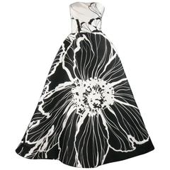DENISS BASSO SS2014 4 Black & White Floral Print Strapless Bustier Evening Gown