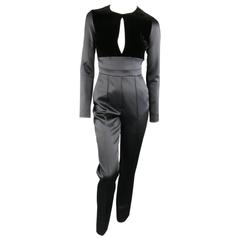 ELIE SAAB Size 4 Black Satin & Velvet Long Sleeve Cutout Jumpsuit