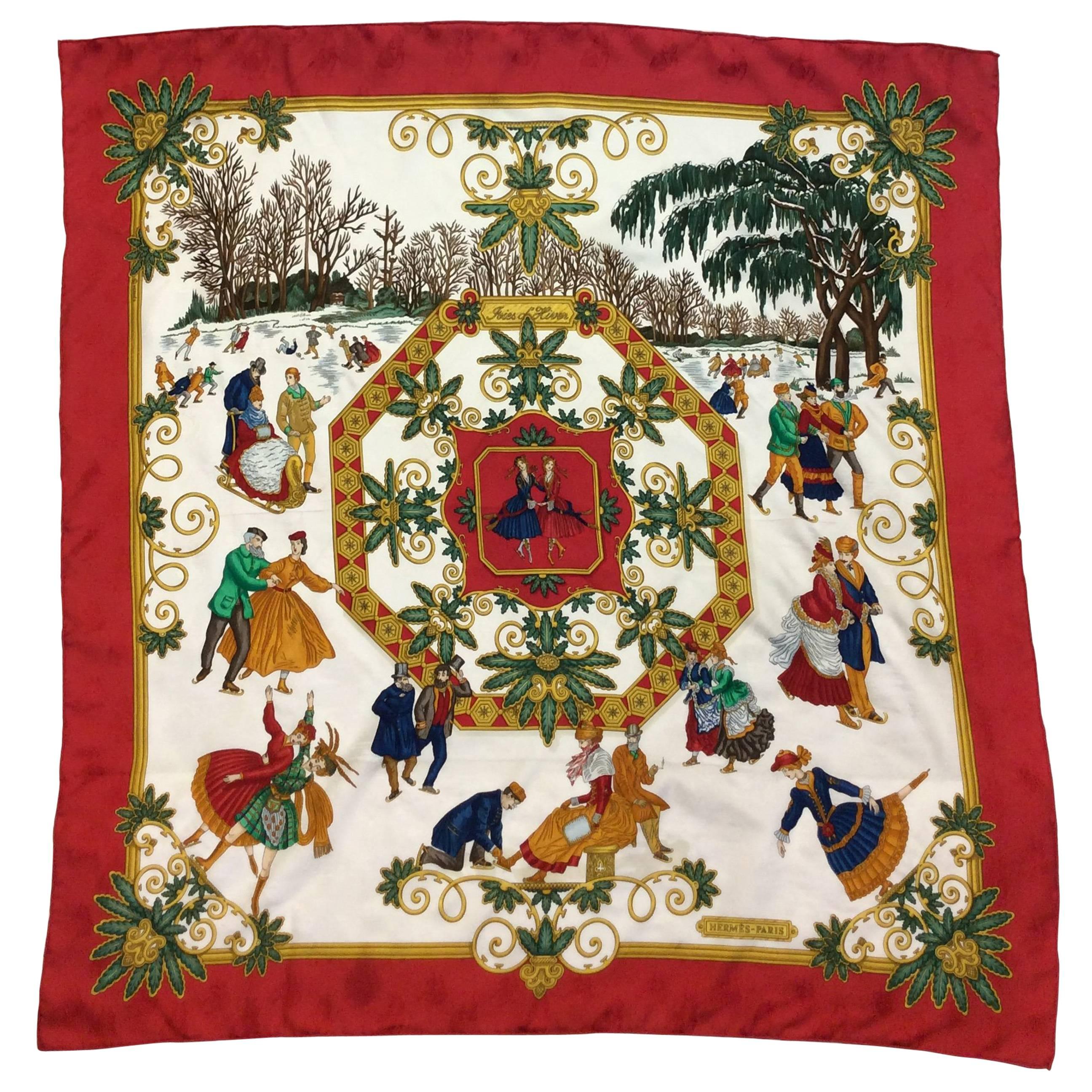 Hermes Red Printed Silk Scarf For Sale