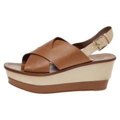 Tory Burch Brown/Beige Leather Platform Wedge Slingback Sandals Size 38.5