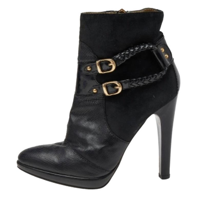 Roberto Cavalli Black Suede And Snake Skin Ankle Length Boots Size 37