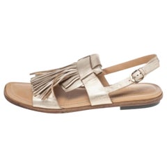 Tod's Metallic Gold Leather Fringe Slingback Flat Sandals Size 37