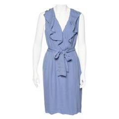 Valentino Blue Silk Ruffled Neck Detail Belted Wrap Midi Dress L