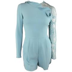 ELIE SAAB Size 4 Light Turquoise Blue Ruffled Lace Shorts Jumper