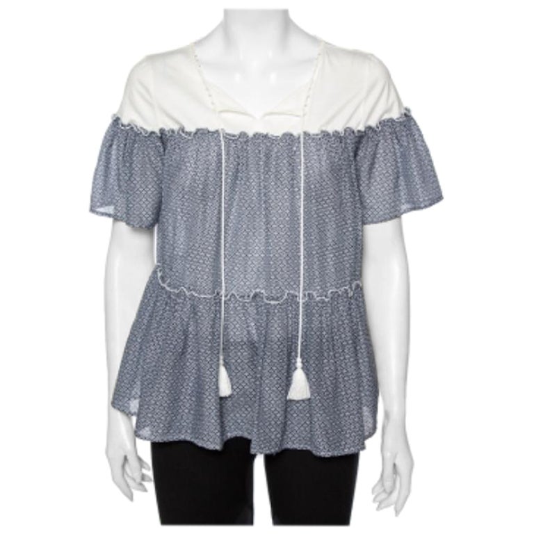 Max Mara Tunica in cotone stampato blu con dettaglio sul collo a cravatta M.