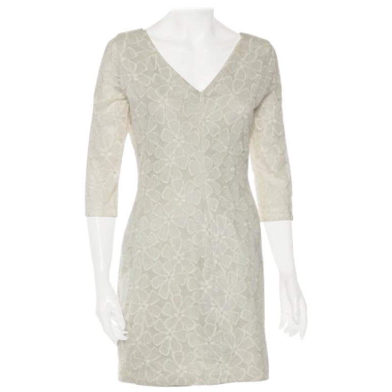 Diane Von Furstenberg Blassgraues & cremefarbenes, floral besticktes Sarita-Kleid aus Seide mit Blumenstickerei M