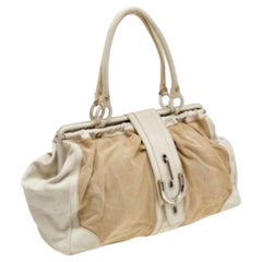 Tod's Sac à main en cuir et toile beige/blanc cassé