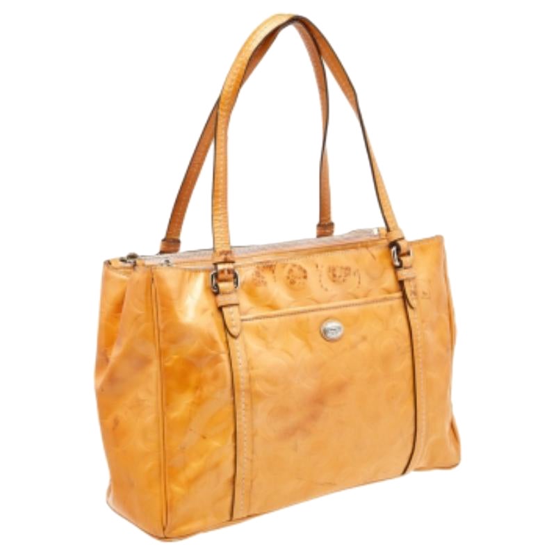 Coach Tan Patent Leather Peyton Op Art Double Zip Satchel