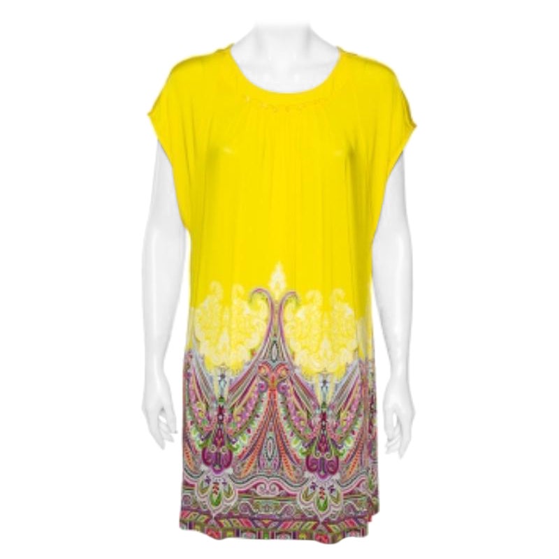 Etro Yellow/Paisley Printed Jersey Gathered Yoke Detailed Dress M/L