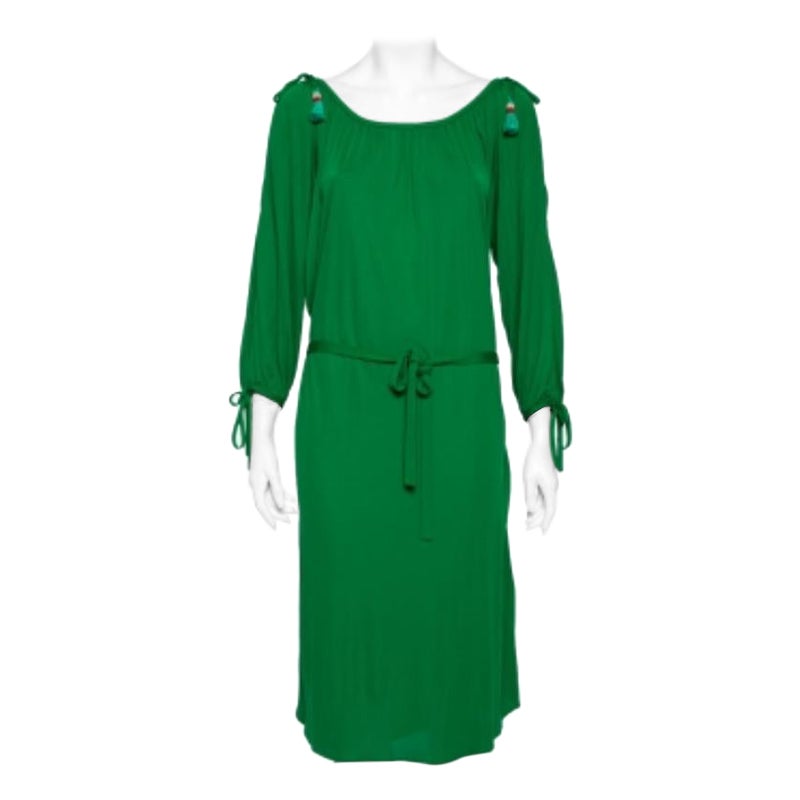 Roberto Cavalli Grünes Jersey-Kleid mit kalten Schultern und Quaste und Gürtel M