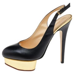 Charlotte Olympia Black Leather Dolly Platform Slingback Pumps Size 38.5