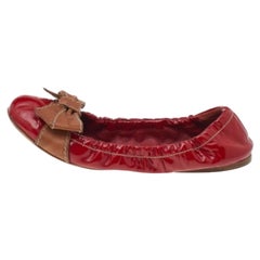 Prada Red/Brown Patent Leather Bow Scrunch Ballet Flats Size 38