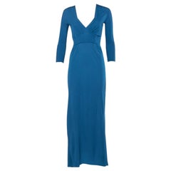 Used Bottega Veneta Blue Crepe V-Neck Long Sleeve Maxi Dress S