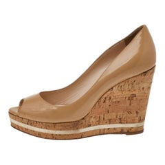 Prada Beige Patent Leather Peep Toe Cork Wedge Pumps Size 38.5