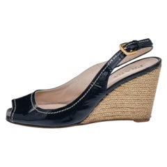 Prada Blaue Lackleder Peep Toe Keilschuhe Espadrilles Slingback Sandalen Größe 36
