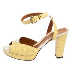 Fendi Yellow Stingray Embossed Leather Ankle Strap Platform Sandals Size 38.5