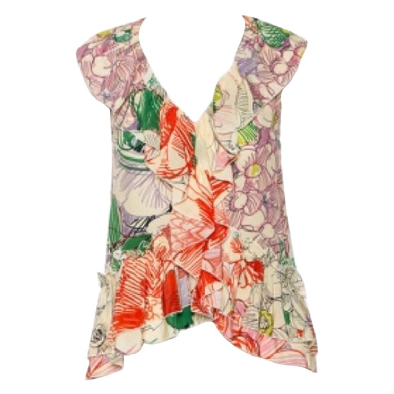Stella McCartney - Haut sans manches à volants en soie imprimé floral multicolore S