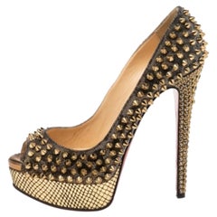 Christian Louboutin Lurex Fabric Lady Peep Toe Spike Platform Pumps Size 36.5